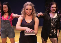 Lysistrata (Devon Hadsell) flanked by Lampito (Klarissa Mesee) L and Robin (Ashley Arlene Nelson) R vow to stop 'giving it up"